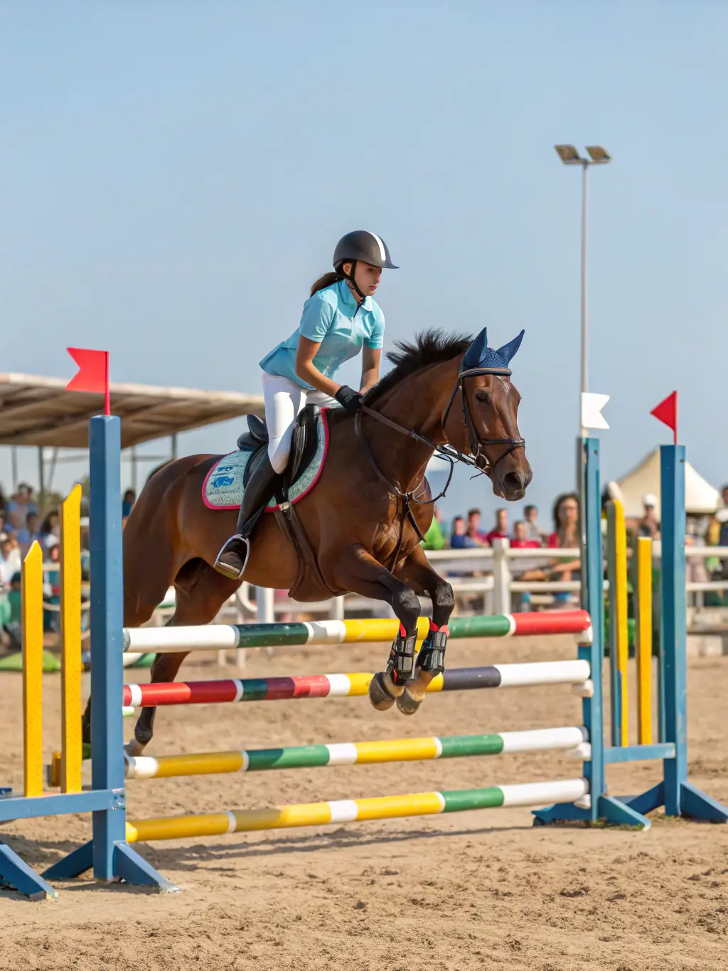 A rider jumping over a fence during a show jumping competition, showcasing skill and athleticism.