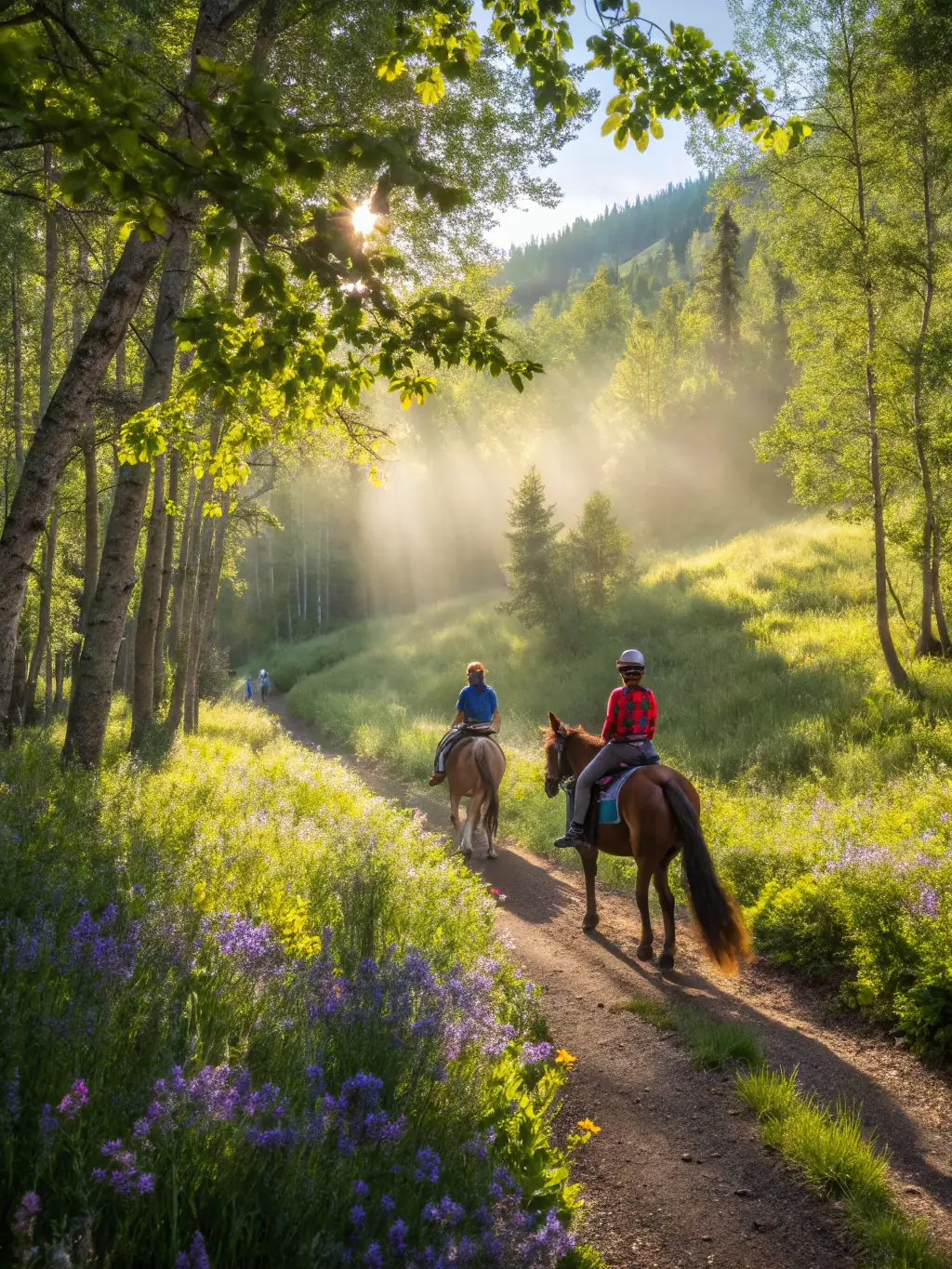 A group of riders enjoying a leisurely trail ride through a scenic countryside, emphasizing relaxation and connection with nature.