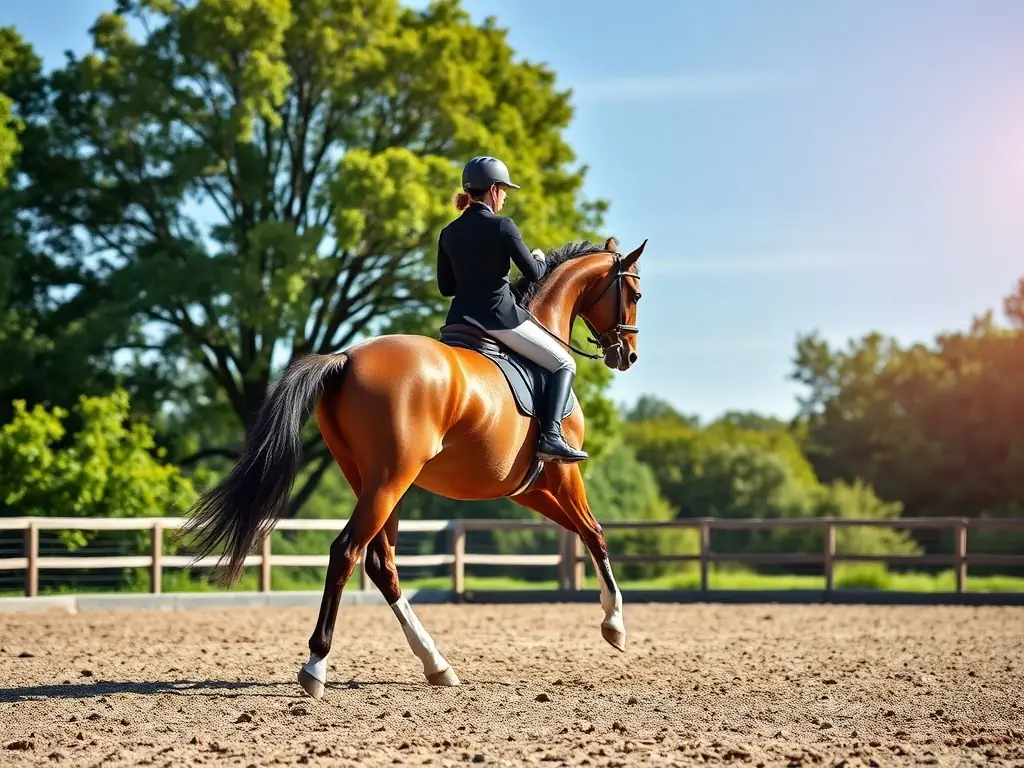 A close-up shot of a horse and rider performing dressage movements in an indoor arena, showcasing precision and elegance. The focus is on the harmony and skill of the pair.