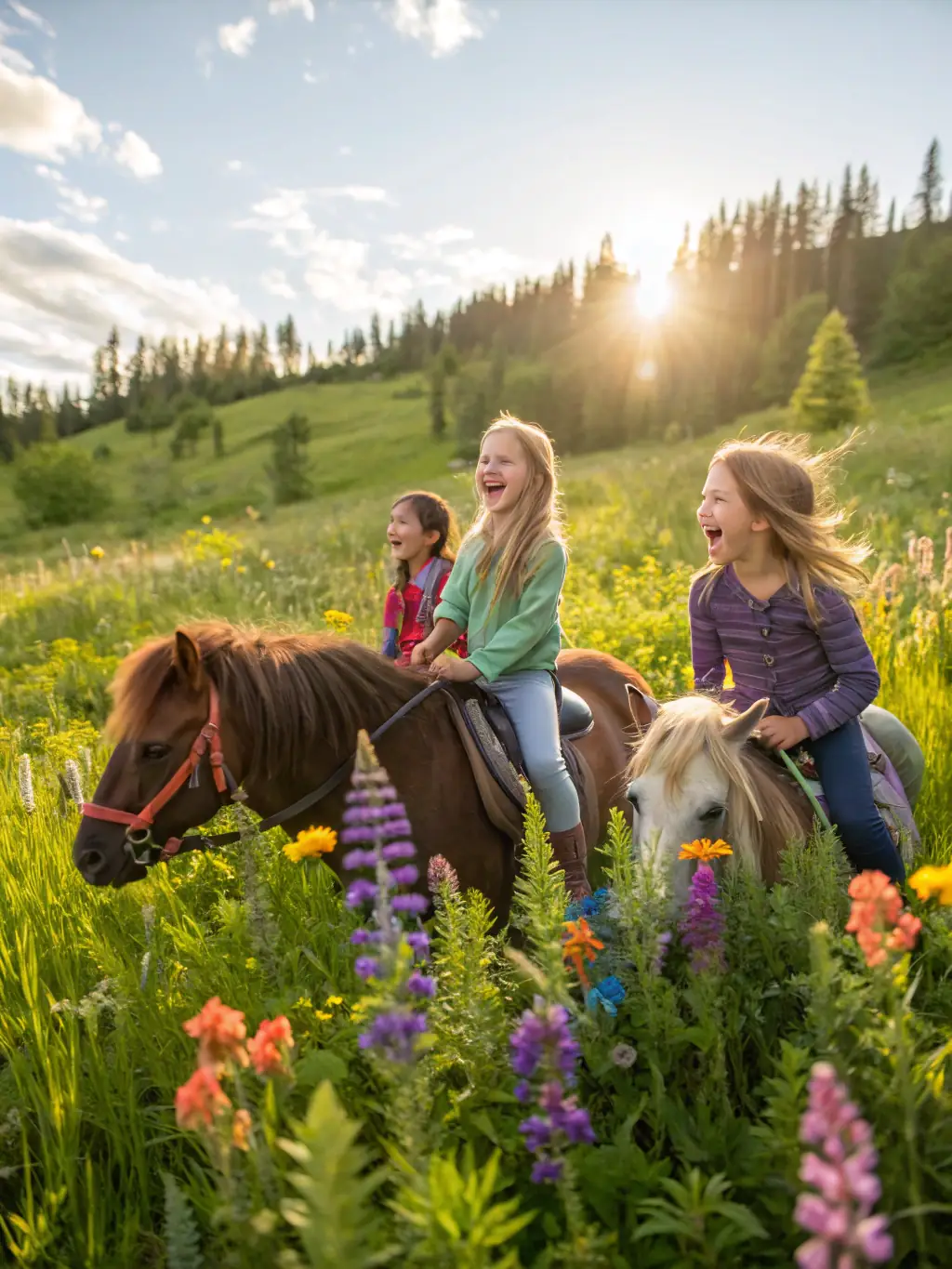 A group of children are happily grooming and interacting with horses at AFAE LES CAVALIERS DU CAUSSE, highlighting the educational and therapeutic benefits of equestrian activities.