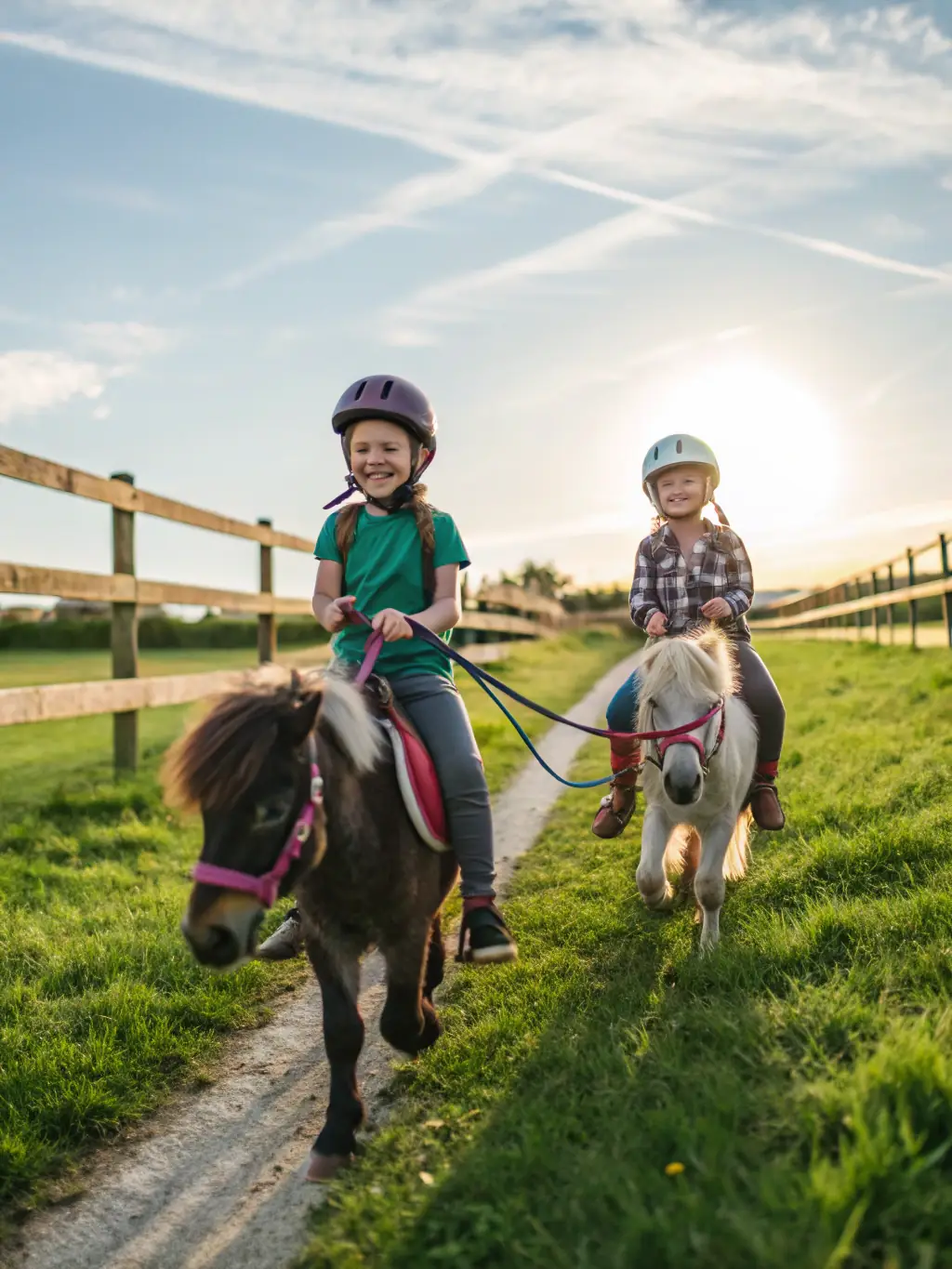 Children participating in a pony riding lesson, learning basic horsemanship skills and having fun.