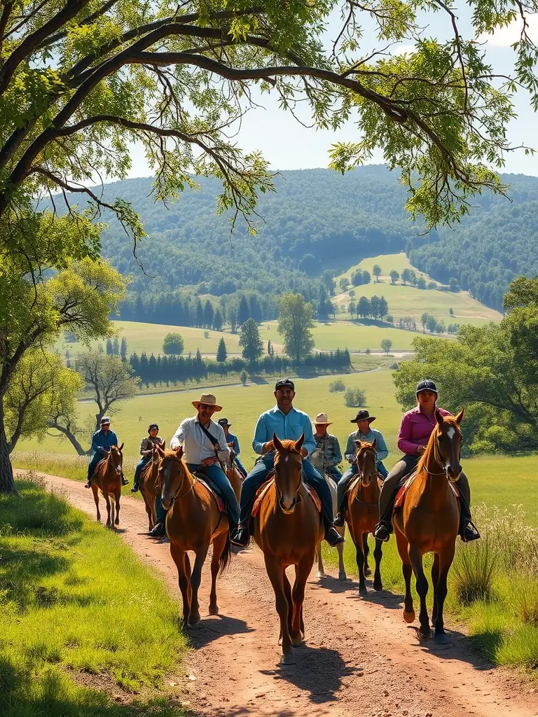 A group of riders are enjoying a leisurely trail ride through the scenic countryside surrounding AFAE LES CAVALIERS DU CAUSSE, emphasizing the recreational aspect of equestrian activities.