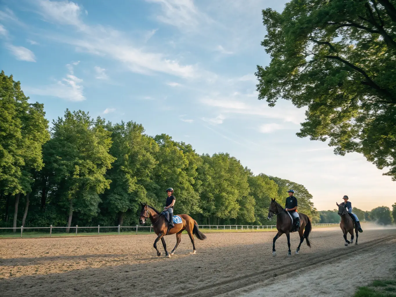 A group of riders participating in a cross-country equestrian event, jumping over natural obstacles in a scenic countryside setting. The focus is on the excitement and challenge of the competition.