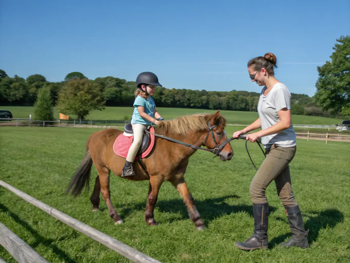 A group of children participating in a pony riding lesson, led by an instructor in a safe and controlled environment. The focus is on the fun and educational aspects of the activity.